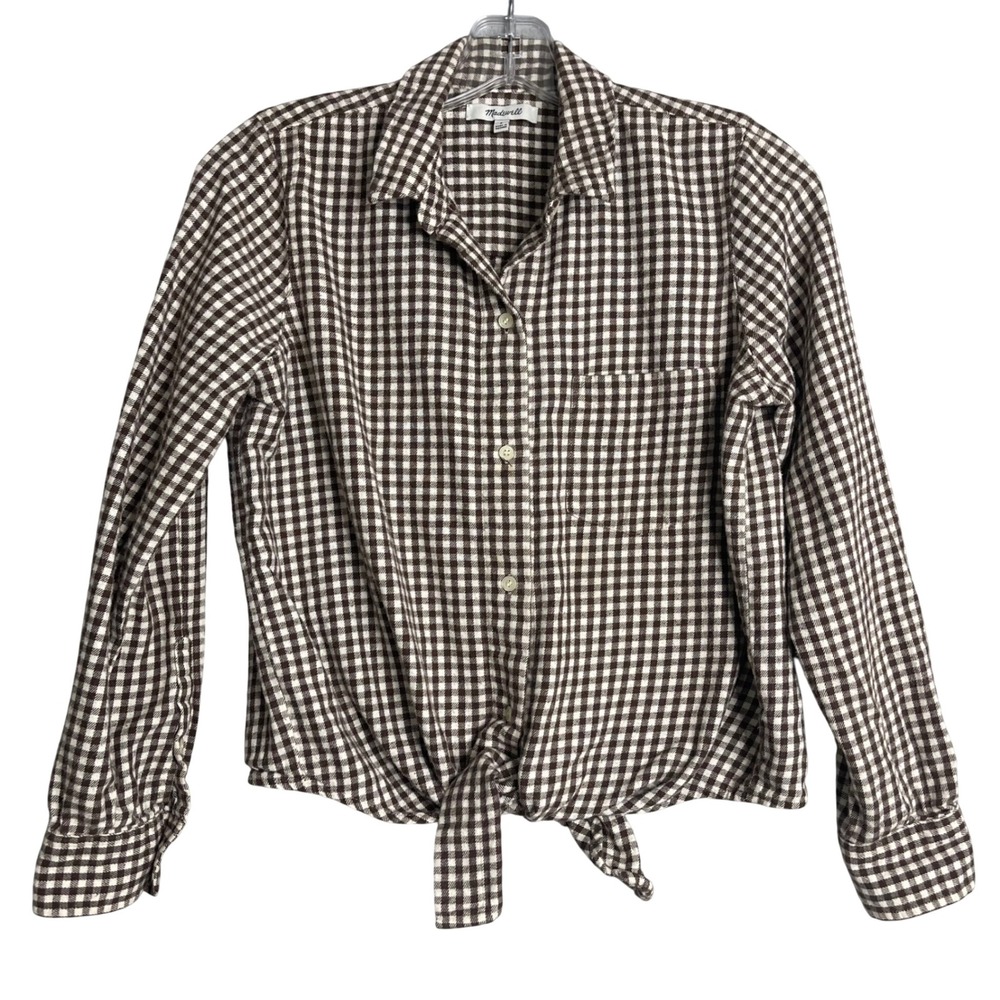 Madewell Flannel Tie Front Shirt Womens S Brown Gingham Check Preppy Boho